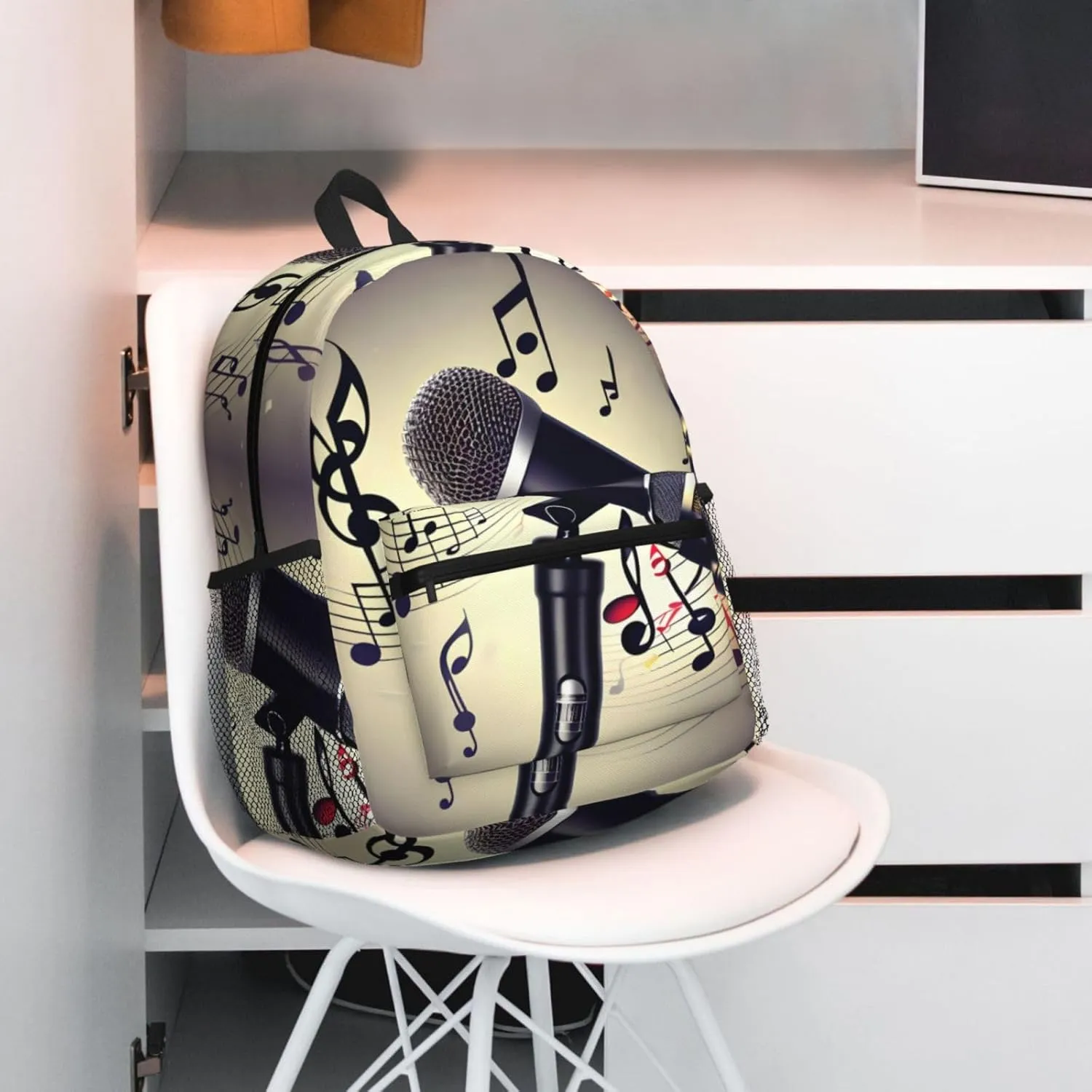 Microphone With Music Note Print Comfortable Backpack,Your Essential Casual Travel Bag For Outdoor Adventures