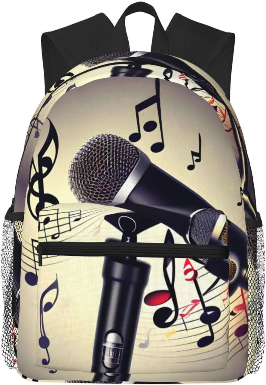 Microphone With Music Note Print Comfortable Backpack,Your Essential Casual Travel Bag For Outdoor Adventures
