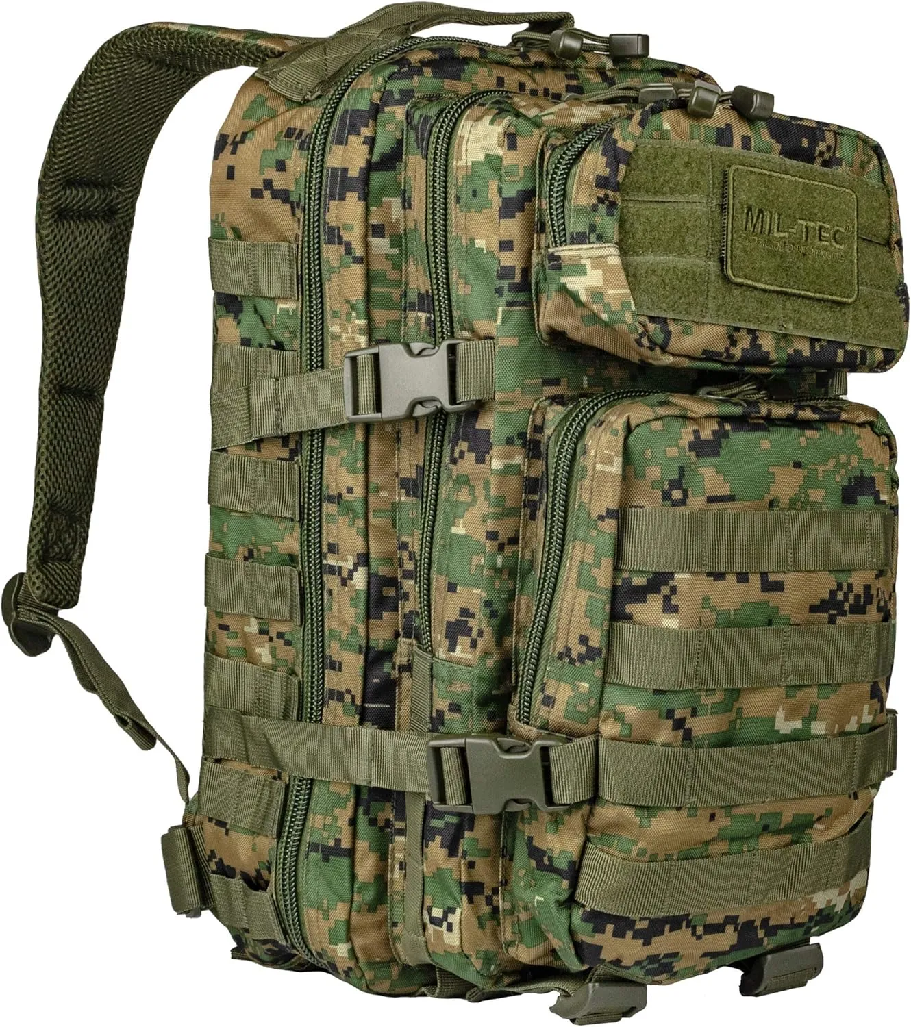 Mil-Tec Unisex Assault Pack - Rugged Durable Lightweight Ergonomic Versatile Tactical Outdoor Camping Hiking Backpack with Adjustable Padded Shoulder Straps & MOLLE Loops, Digital Woodland Camo, 36L