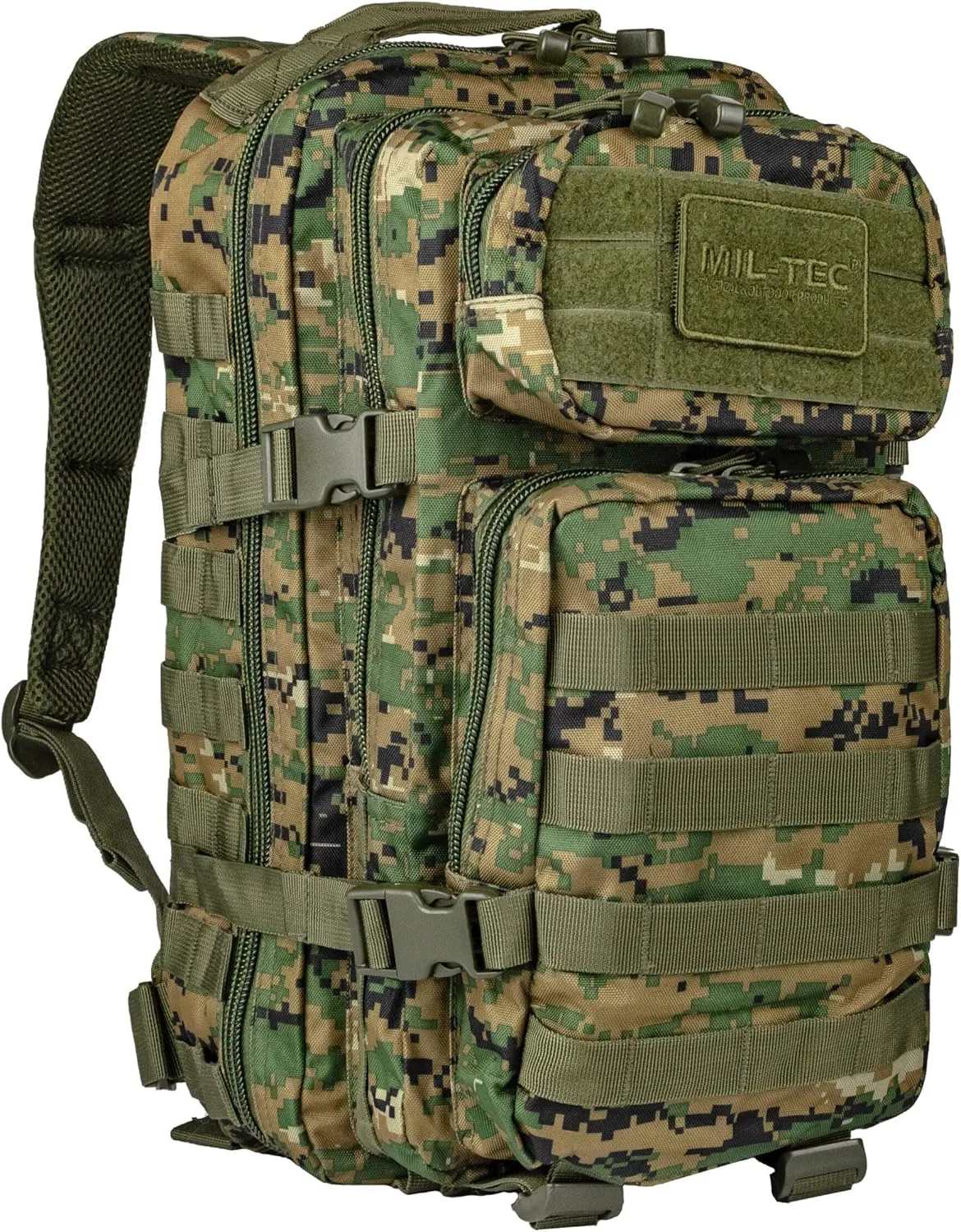 Mil-Tec Unisex Assault Pack - Rugged Durable Lightweight Ergonomic Versatile Tactical Outdoor Camping Hiking Backpack with Adjustable Padded Shoulder Straps & MOLLE Loops, Digital Woodland Camo, 36L