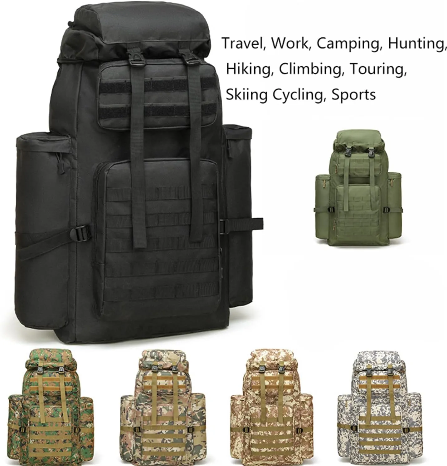 Military Tactical Backpack for Men, 100L Waterproof Camping Hiking Travel Hunting Daypack, Heavy Duty, Adjustable Straps (Black)