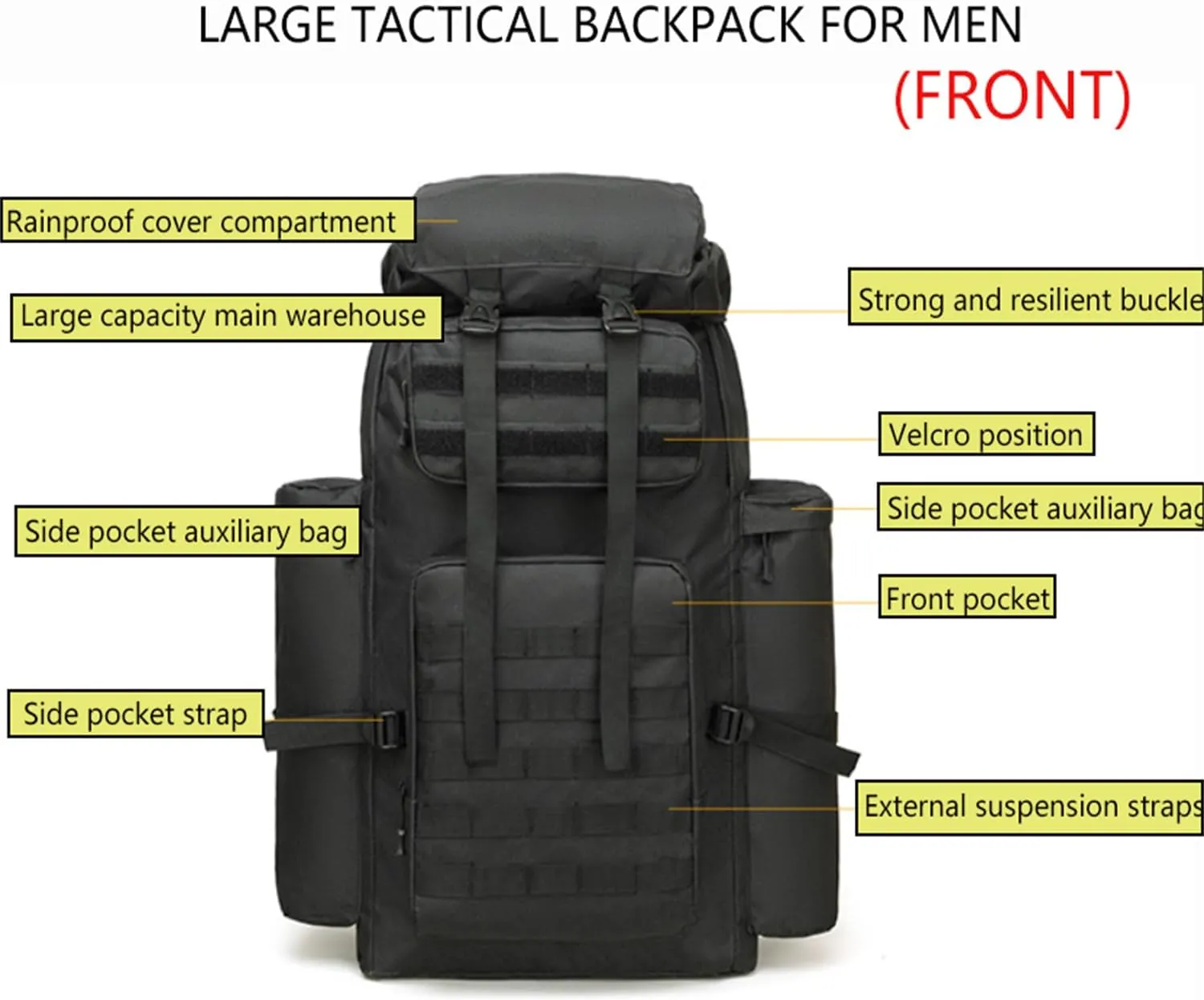 Military Tactical Backpack for Men, 100L Waterproof Camping Hiking Travel Hunting Daypack, Heavy Duty, Adjustable Straps (Black)