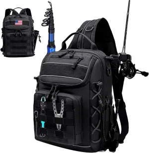 Military Tactical Backpack with Rod Holder for Fishing Hiking Trekking, Outdoor Assault Pack Travel Fishing Rucksack (Black)