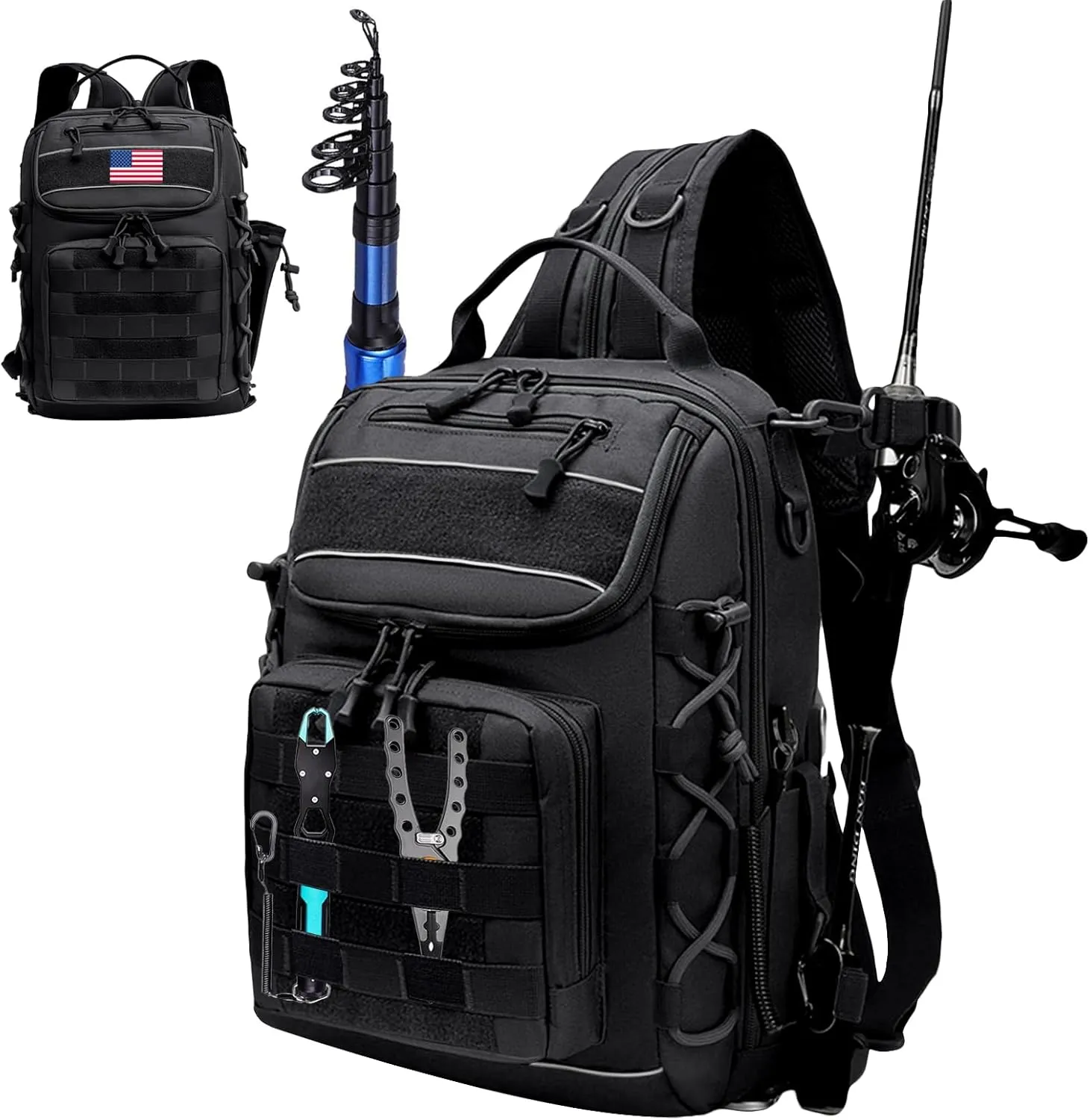Military Tactical Backpack with Rod Holder for Fishing Hiking Trekking, Outdoor Assault Pack Travel Fishing Rucksack (Black)