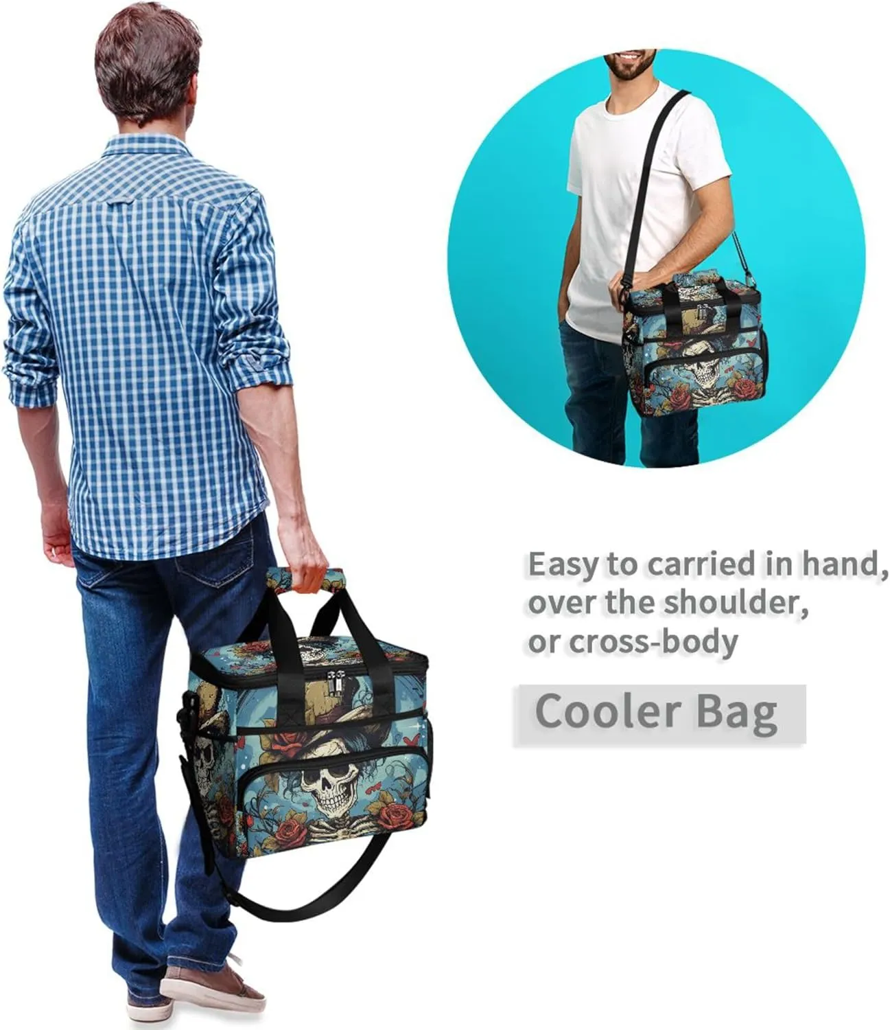 MNSRUU Cooler Bag Gothic Skull Rose Soft Cooler Bag Insulated Lunch Totes Picnic Bag Beach Cooler Lunch Box Container with Adjustable Shoulder Strap