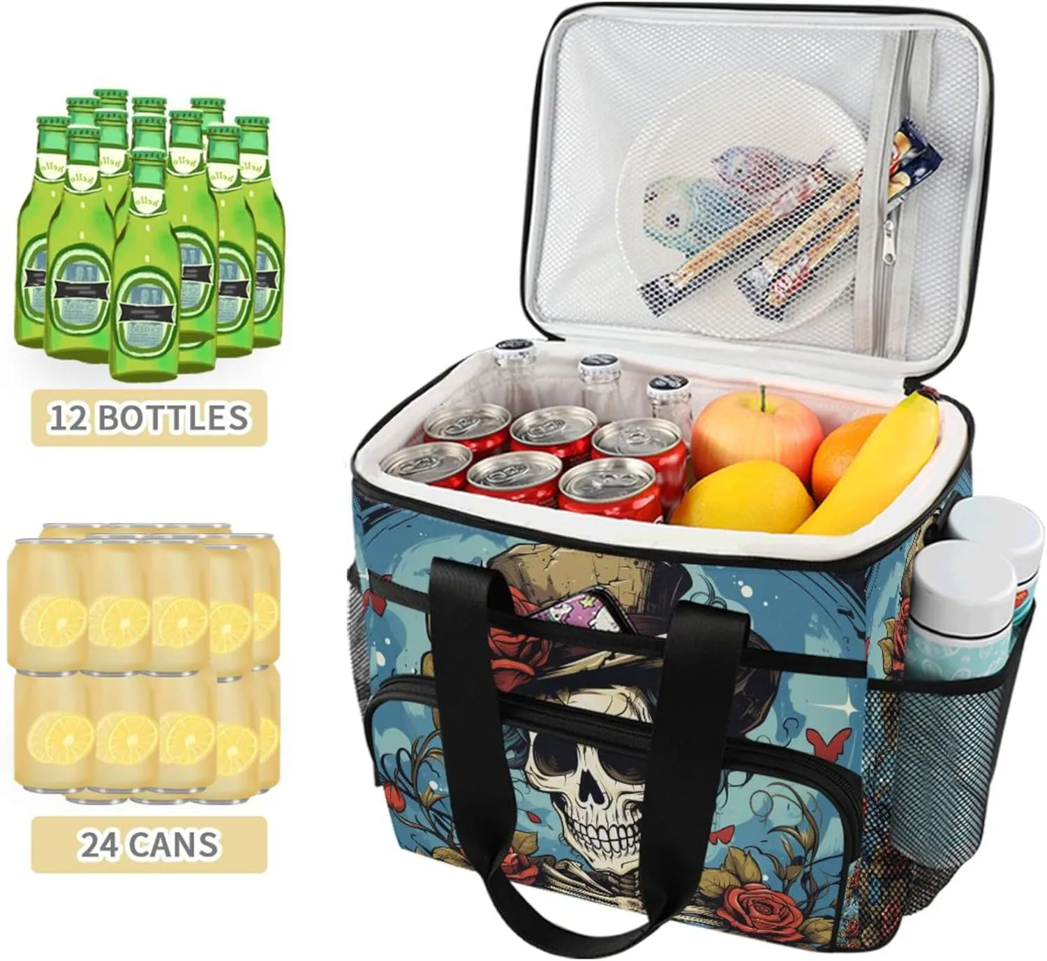 MNSRUU Cooler Bag Gothic Skull Rose Soft Cooler Bag Insulated Lunch Totes Picnic Bag Beach Cooler Lunch Box Container with Adjustable Shoulder Strap
