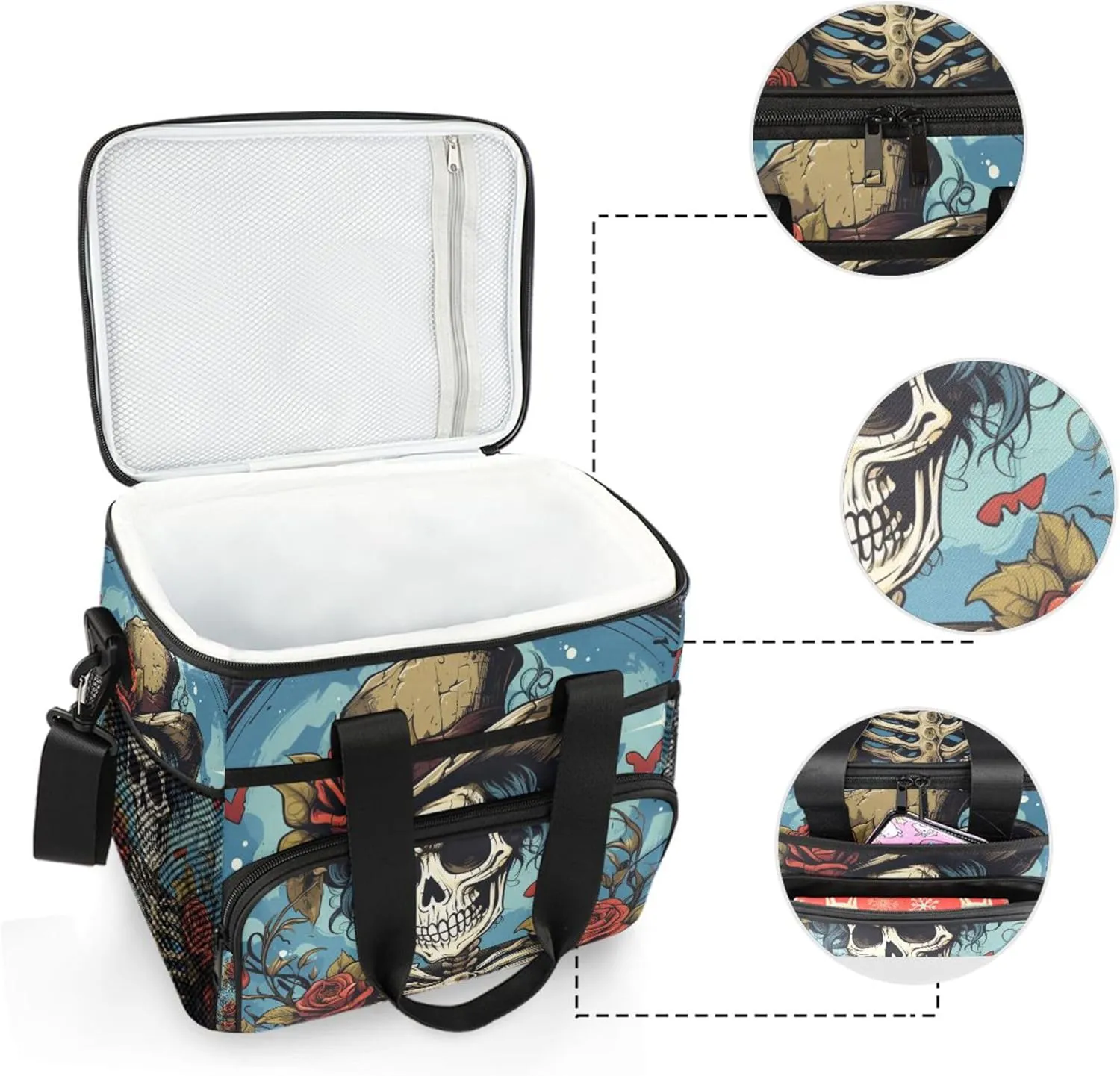 MNSRUU Cooler Bag Gothic Skull Rose Soft Cooler Bag Insulated Lunch Totes Picnic Bag Beach Cooler Lunch Box Container with Adjustable Shoulder Strap