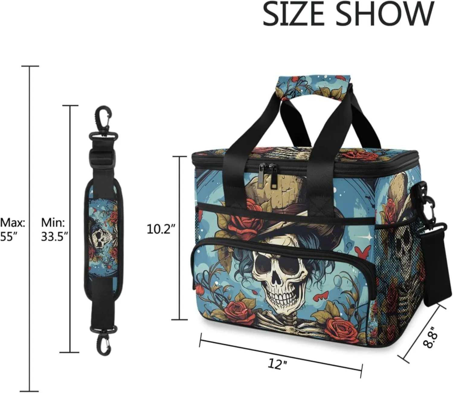 MNSRUU Cooler Bag Gothic Skull Rose Soft Cooler Bag Insulated Lunch Totes Picnic Bag Beach Cooler Lunch Box Container with Adjustable Shoulder Strap