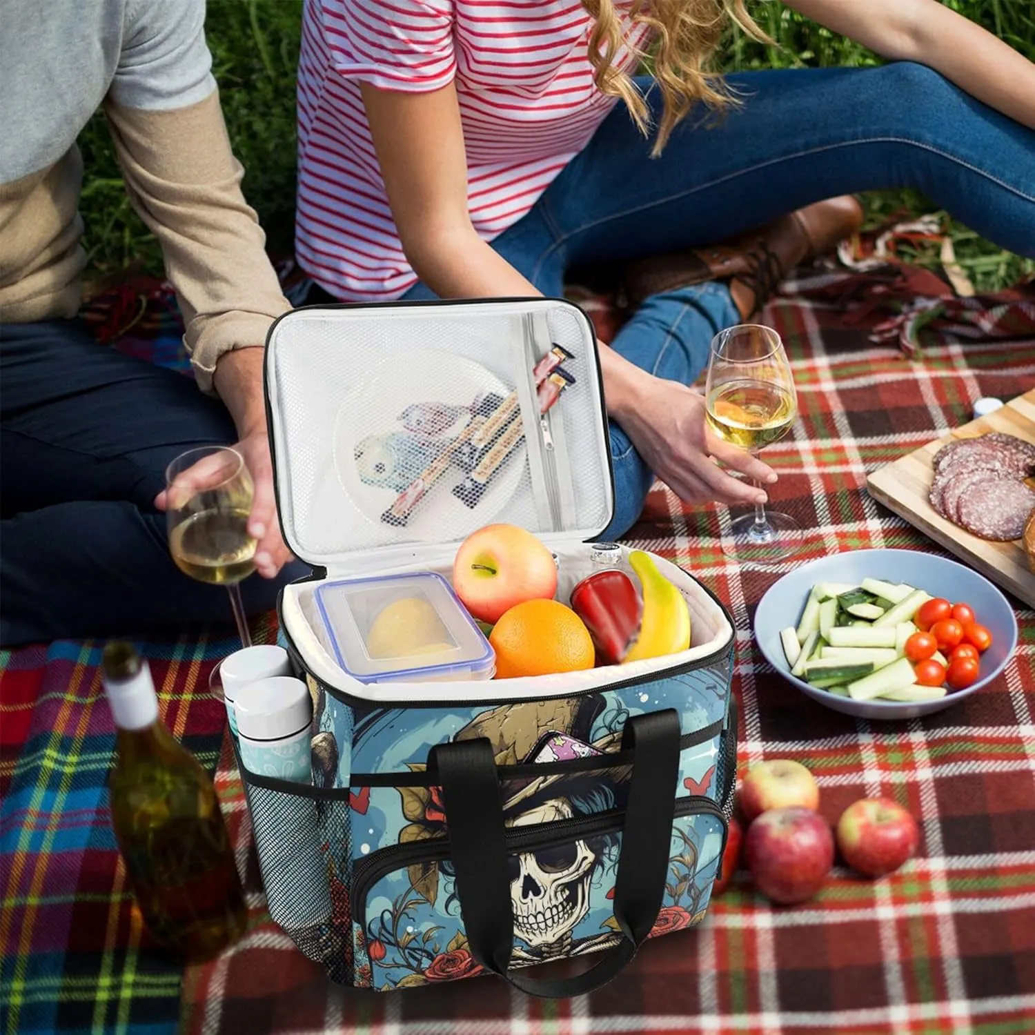 MNSRUU Cooler Bag Gothic Skull Rose Soft Cooler Bag Insulated Lunch Totes Picnic Bag Beach Cooler Lunch Box Container with Adjustable Shoulder Strap