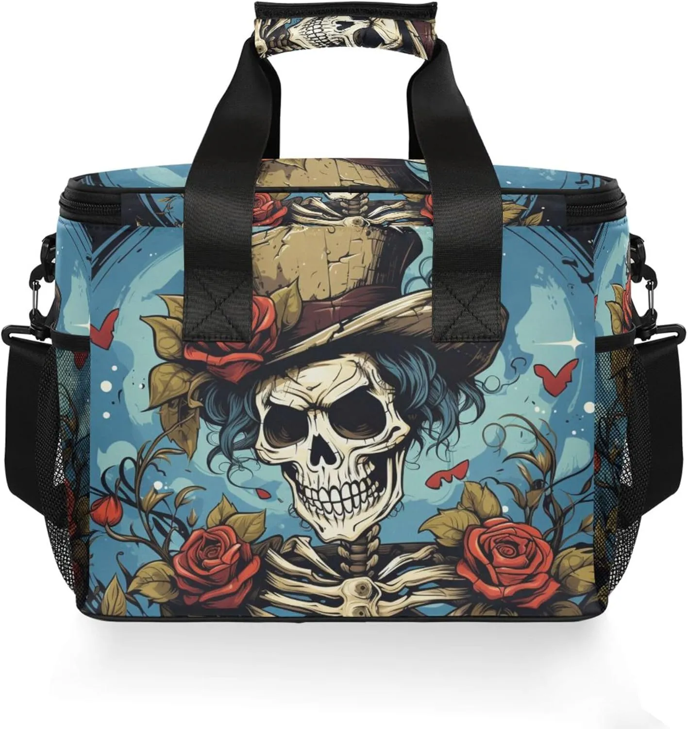 MNSRUU Cooler Bag Gothic Skull Rose Soft Cooler Bag Insulated Lunch Totes Picnic Bag Beach Cooler Lunch Box Container with Adjustable Shoulder Strap