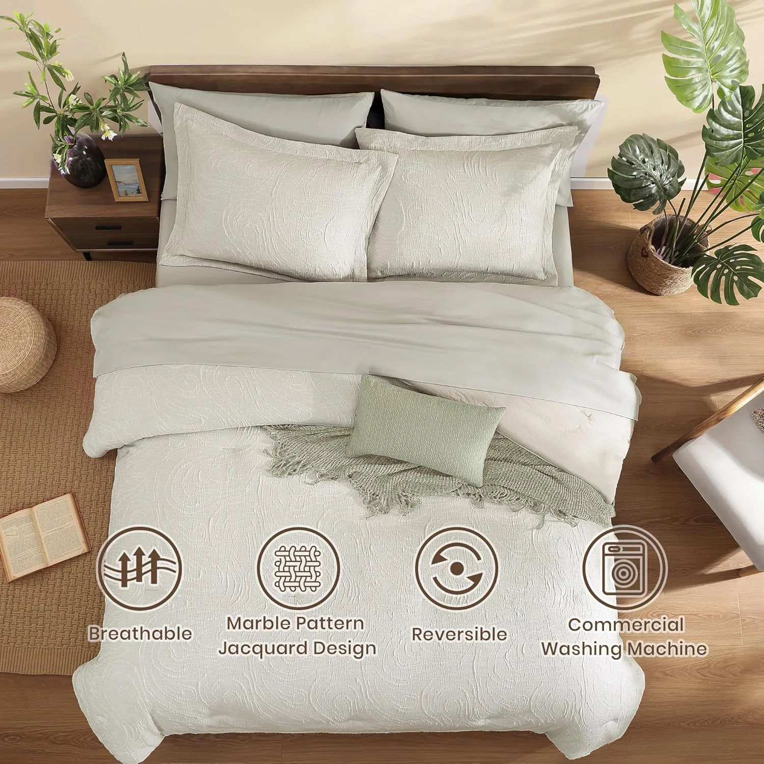 Monbix Queen Comforter Set - 7 Pieces Pebble Marble Pattern Bed in a Bag Queen Bedding Sets with Comforter, Sheets, Pillowcases & Shams, Reversible Bedding Comforters Sets (Queen, 90”X90'')