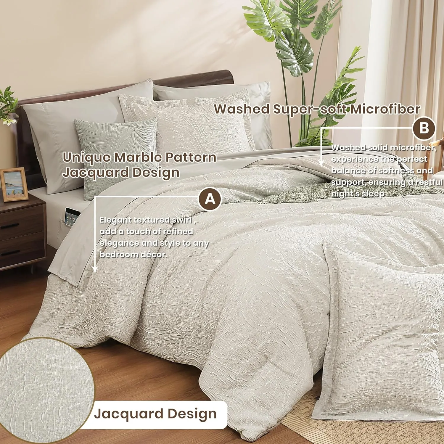 Monbix Queen Comforter Set - 7 Pieces Pebble Marble Pattern Bed in a Bag Queen Bedding Sets with Comforter, Sheets, Pillowcases & Shams, Reversible Bedding Comforters Sets (Queen, 90”X90'')