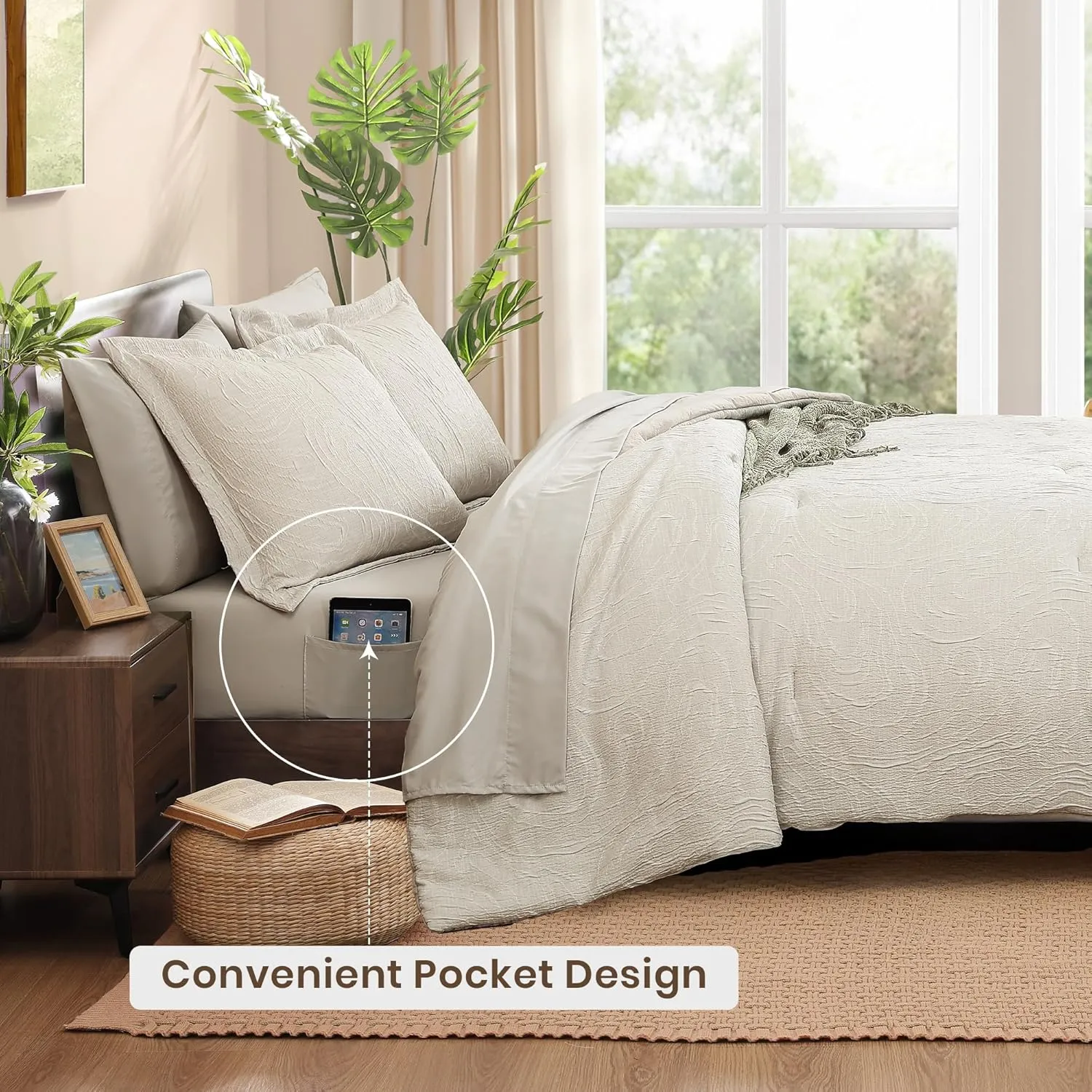 Monbix Queen Comforter Set - 7 Pieces Pebble Marble Pattern Bed in a Bag Queen Bedding Sets with Comforter, Sheets, Pillowcases & Shams, Reversible Bedding Comforters Sets (Queen, 90”X90'')