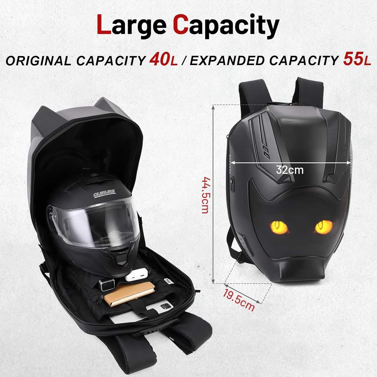 Motorcycle Backpack for Men LED Backpack, DIY Programming GIFs, Hard Shell, 40-55L Large Capacity and Waterproof Laptop Backpack