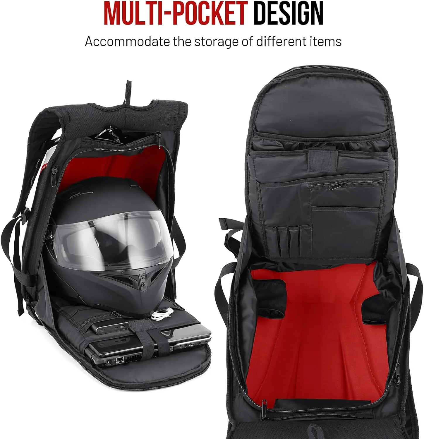 Motorcycle Backpack for Men, Waterproof Helmet Backpack Hard Shell 35L Large Capacity with Expandable Storage and Rain Cover, Red