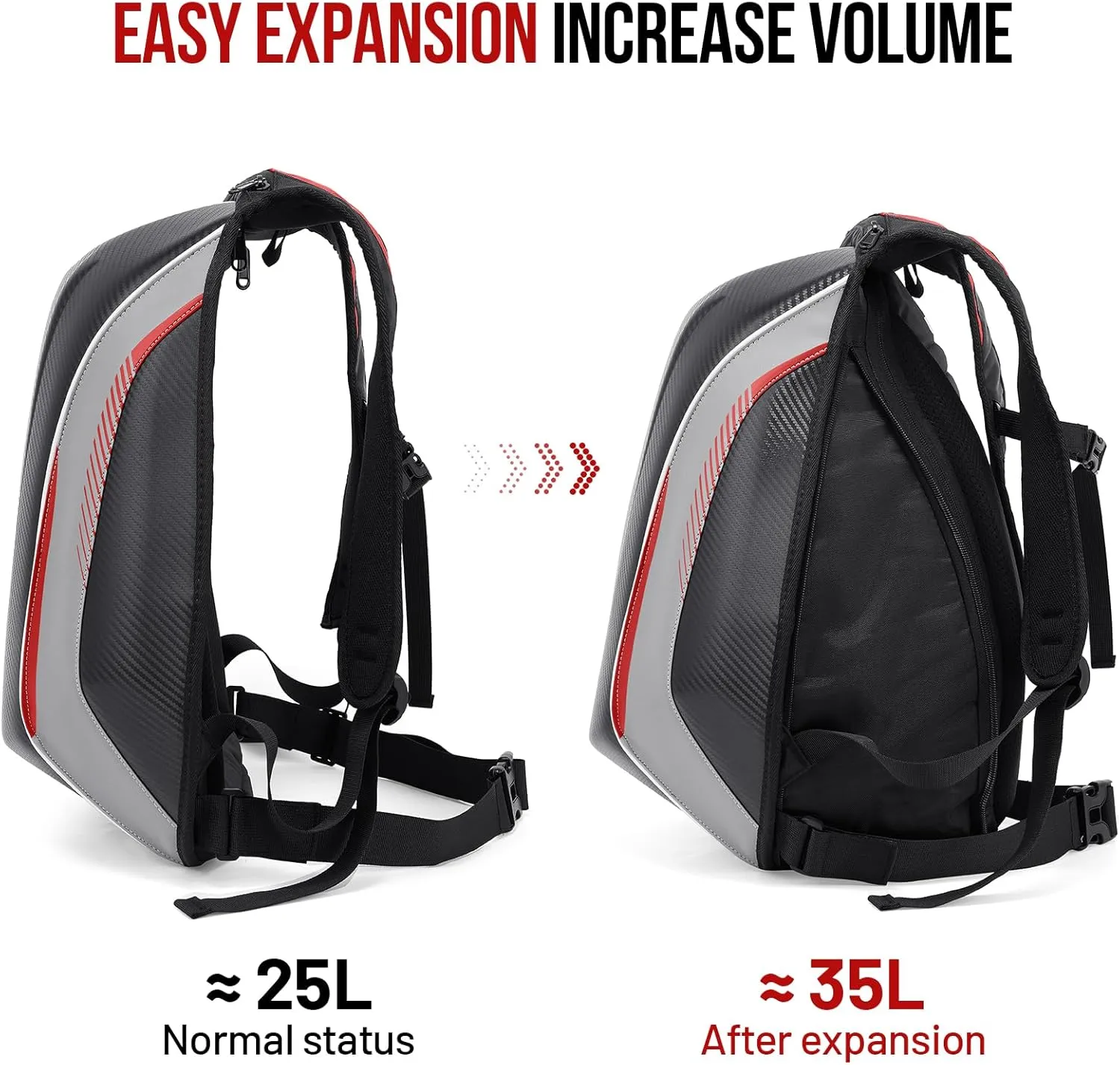 Motorcycle Backpack for Men, Waterproof Helmet Backpack Hard Shell 35L Large Capacity with Expandable Storage and Rain Cover, Red