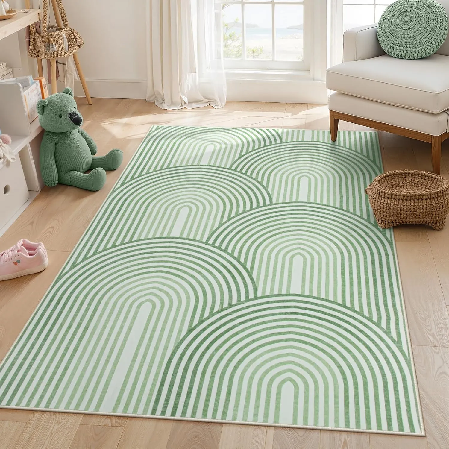Moynesa Abstract Rainbow 5x7 Area Rugs, Machine Washable Ultra Thin Living Room Rugs for Bedroom Non Slip, Soft Green Mid Century Modern Colored Indoor Carpet for Office Kitchen Playroom