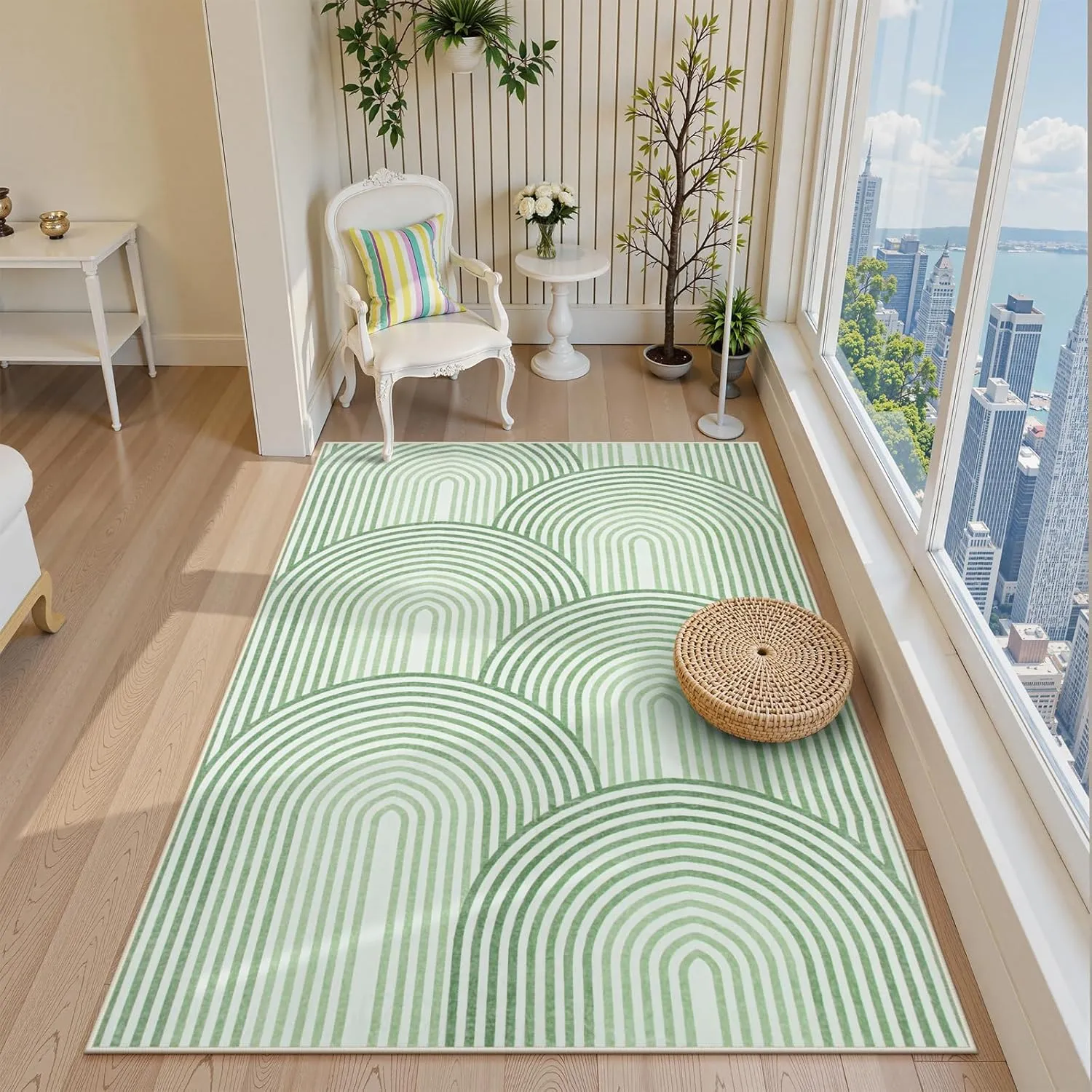 Moynesa Abstract Rainbow 5x7 Area Rugs, Machine Washable Ultra Thin Living Room Rugs for Bedroom Non Slip, Soft Green Mid Century Modern Colored Indoor Carpet for Office Kitchen Playroom