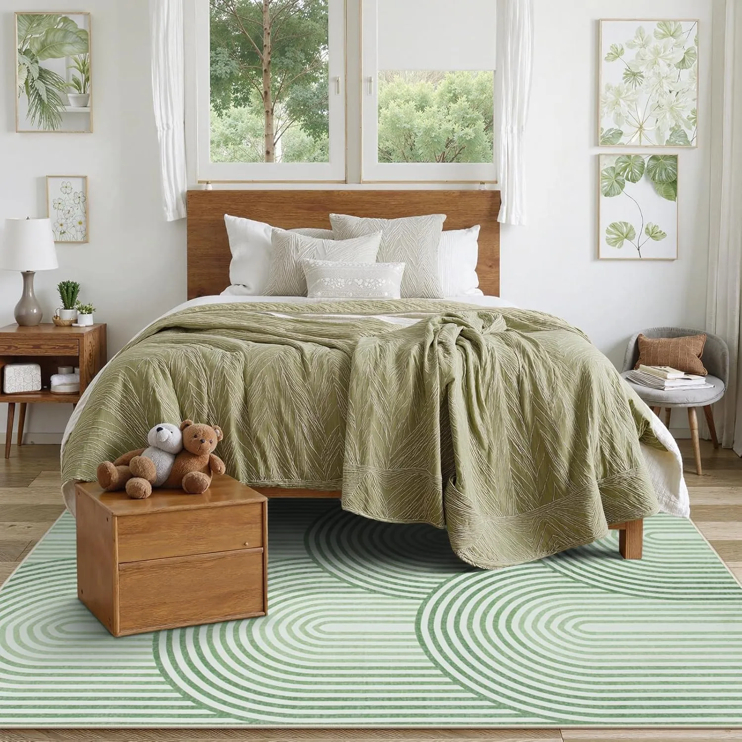 Moynesa Abstract Rainbow 5x7 Area Rugs, Machine Washable Ultra Thin Living Room Rugs for Bedroom Non Slip, Soft Green Mid Century Modern Colored Indoor Carpet for Office Kitchen Playroom