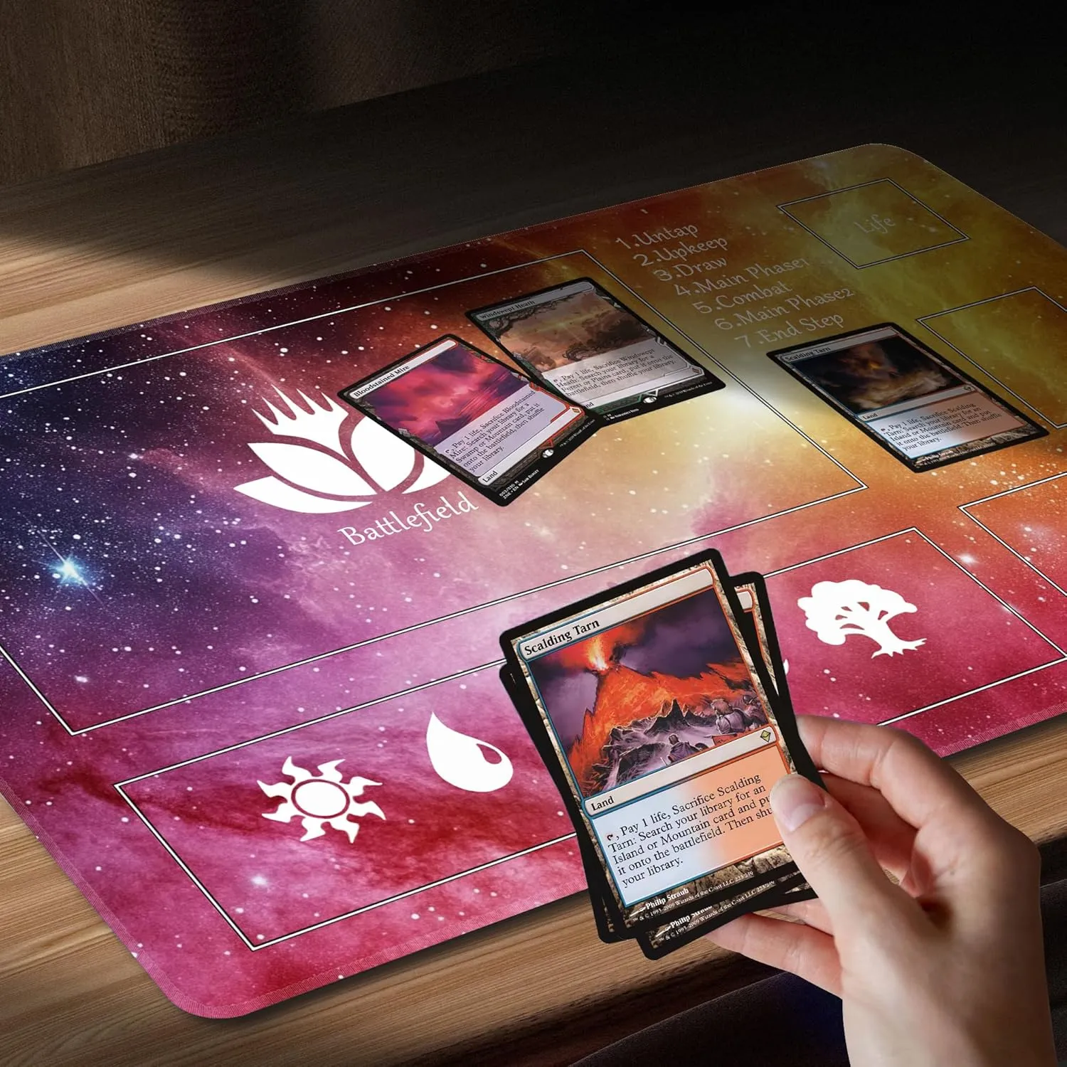 MTG Playmat Stitched with Magic Zone Non-Slip Rubber Backing Printing Commander Board Game Desk Mat Duel Mat TCG PTCG Playmat 24x14 inches and Free Storage Bags (Red Starrysky)