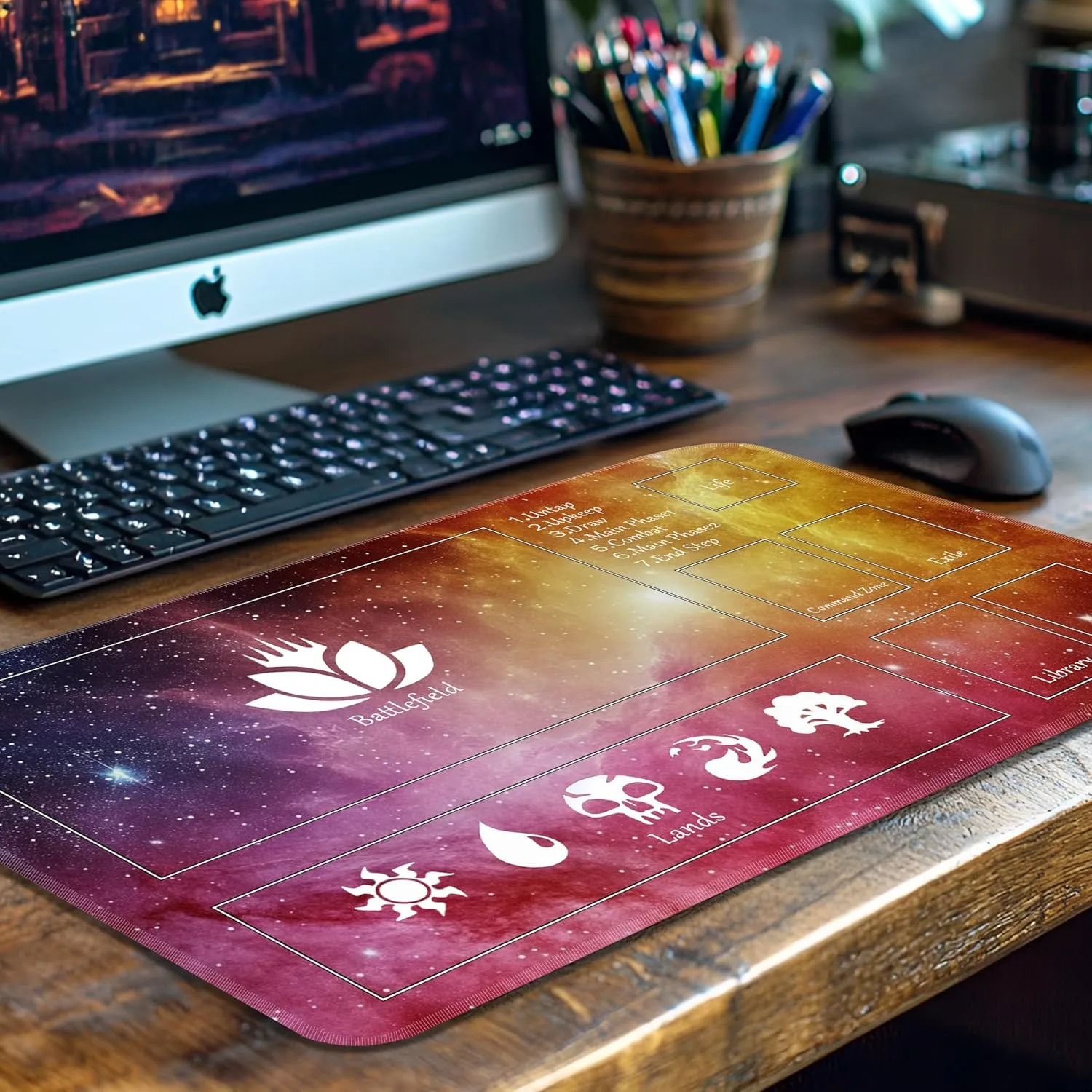 MTG Playmat Stitched with Magic Zone Non-Slip Rubber Backing Printing Commander Board Game Desk Mat Duel Mat TCG PTCG Playmat 24x14 inches and Free Storage Bags (Red Starrysky)