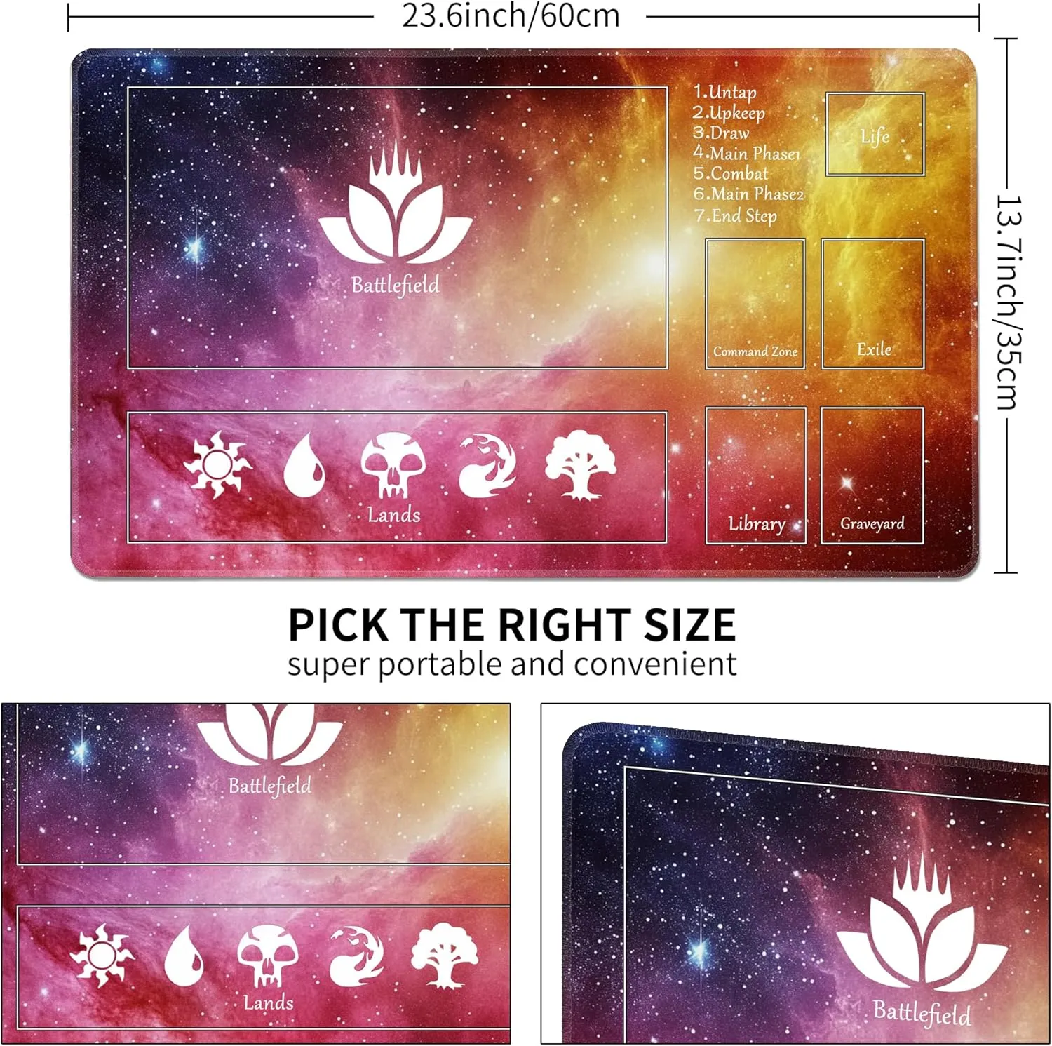 MTG Playmat Stitched with Magic Zone Non-Slip Rubber Backing Printing Commander Board Game Desk Mat Duel Mat TCG PTCG Playmat 24x14 inches and Free Storage Bags (Red Starrysky)