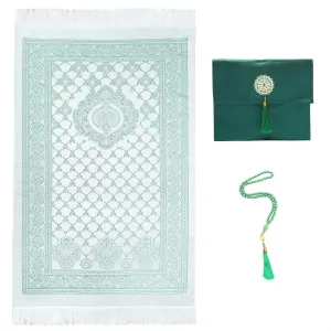 Muslim Prayer Rug and Prayer Beads with Elegant Design Bag, Soft Islamic Gifts Set, Green