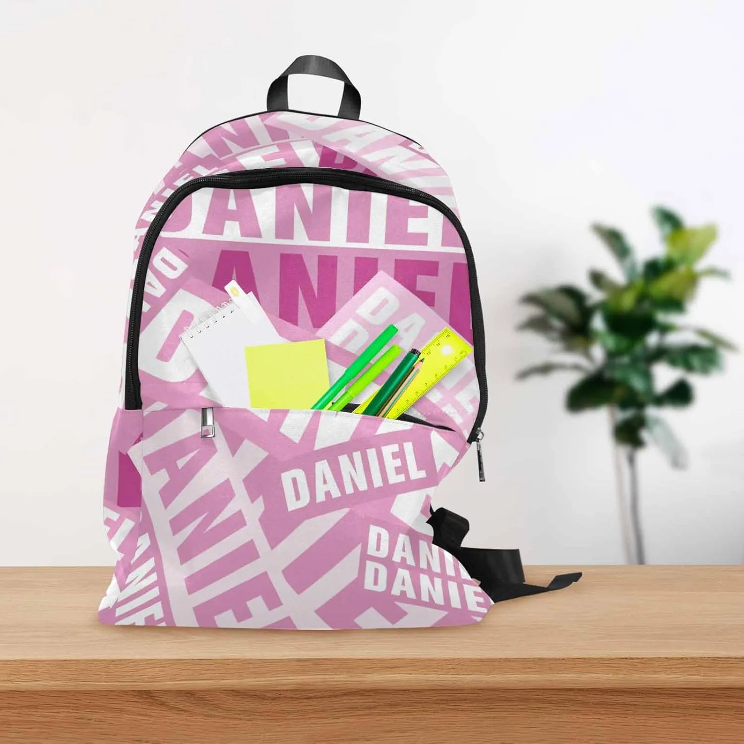 MyPupSocks Customize Name Casual School Backpack for Kids, Personalized White and Pink Name Schoolbag Shoulder Bag Custom Travel Daypack for Students Boys Girls Back School Gifts Picnic