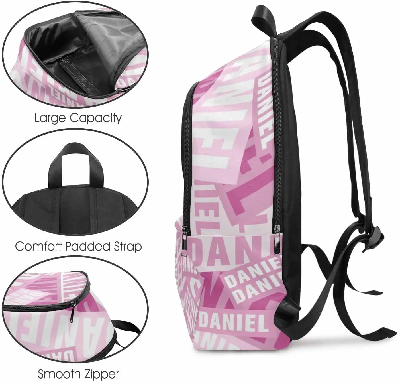 MyPupSocks Customize Name Casual School Backpack for Kids, Personalized White and Pink Name Schoolbag Shoulder Bag Custom Travel Daypack for Students Boys Girls Back School Gifts Picnic
