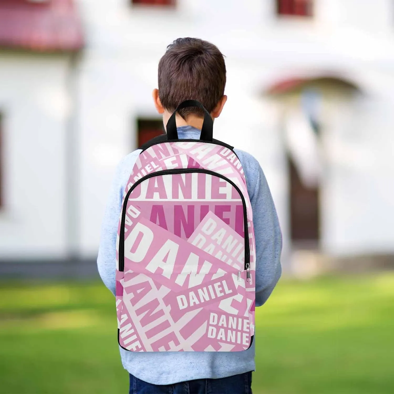 MyPupSocks Customize Name Casual School Backpack for Kids, Personalized White and Pink Name Schoolbag Shoulder Bag Custom Travel Daypack for Students Boys Girls Back School Gifts Picnic
