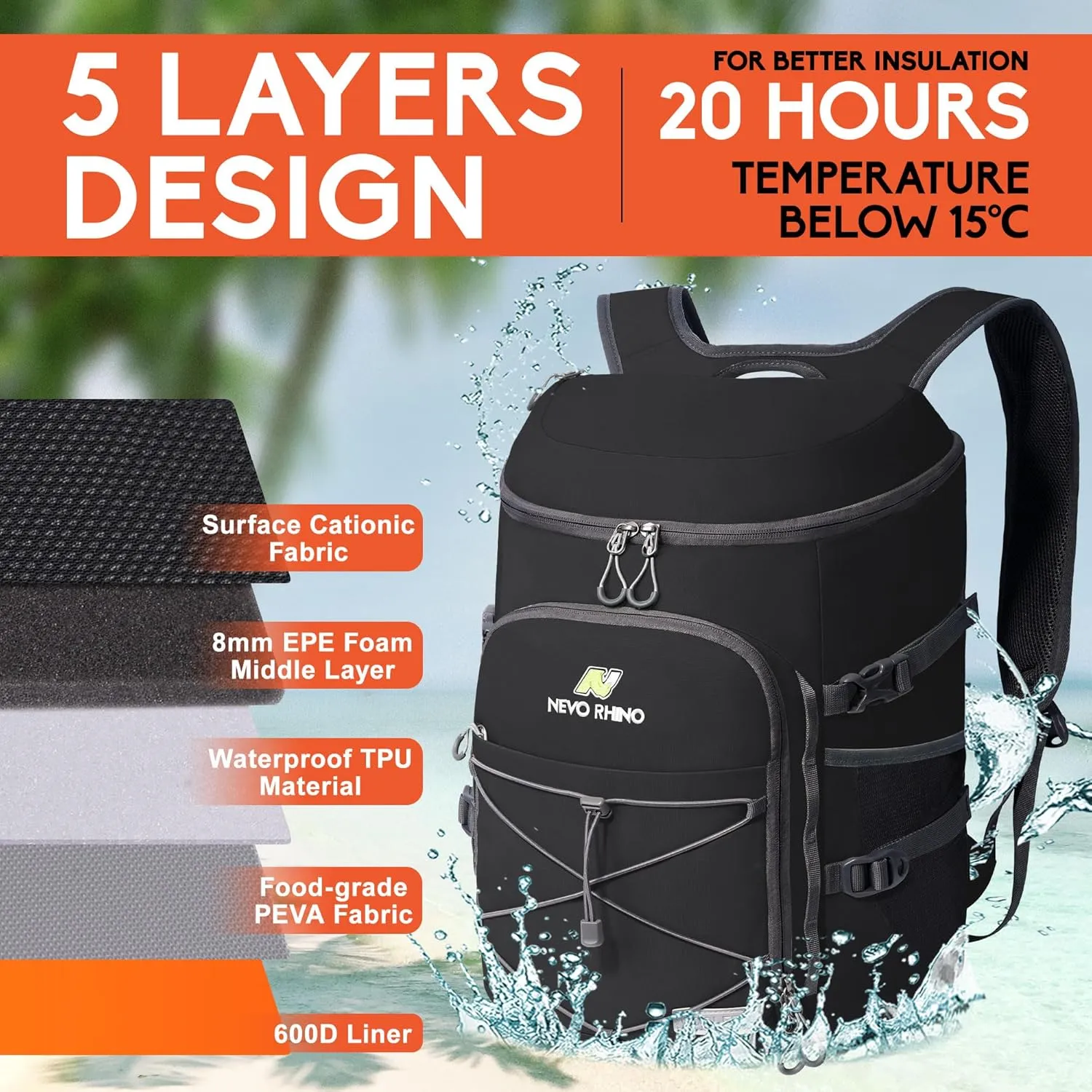 N NEVO RHINO Insulated Backpack Cooler - 36/54 Can Capacity, Waterproof Leak-Proof Lightweight Multi-Functional & Spacious， Ideal for Camping, Travel, Beach, Picnics， Lunch & Day Trips