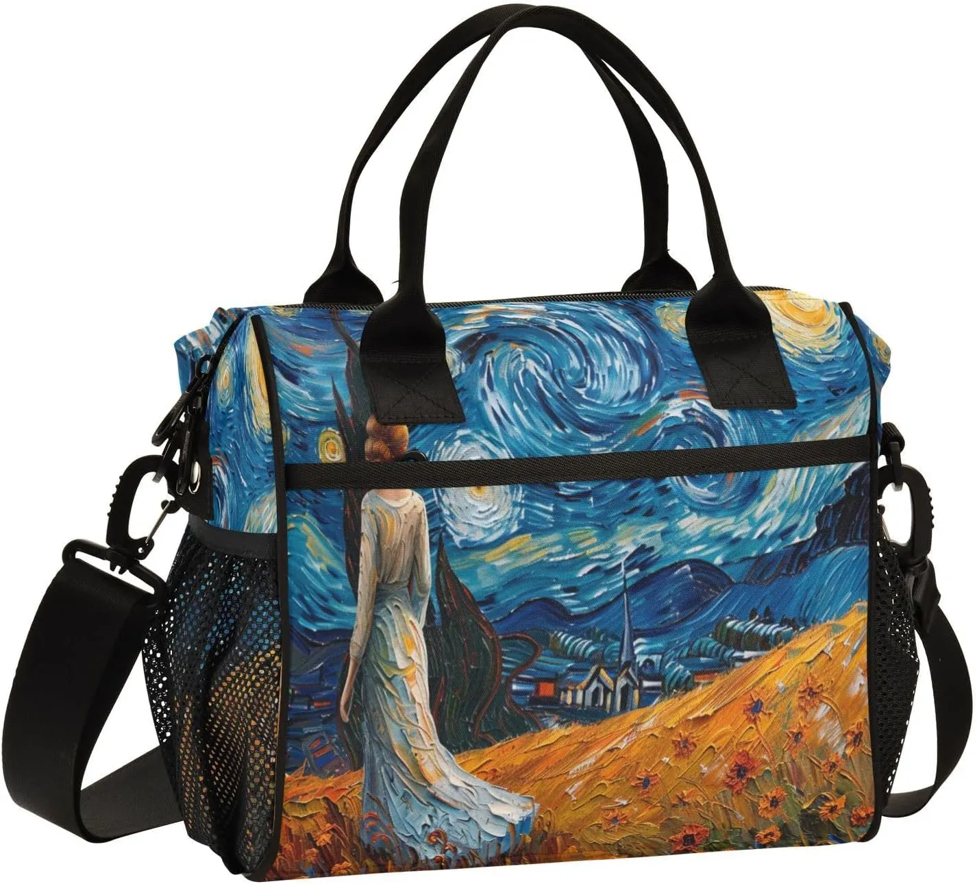 Nander Van Gogh Style Starry Sky Diagram Lunch Bag for Women,Insulated Lunch Box with Adjustable Shoulder Strap,Reusable Lunch Tote Bag for Work,Picnic,Camping-S