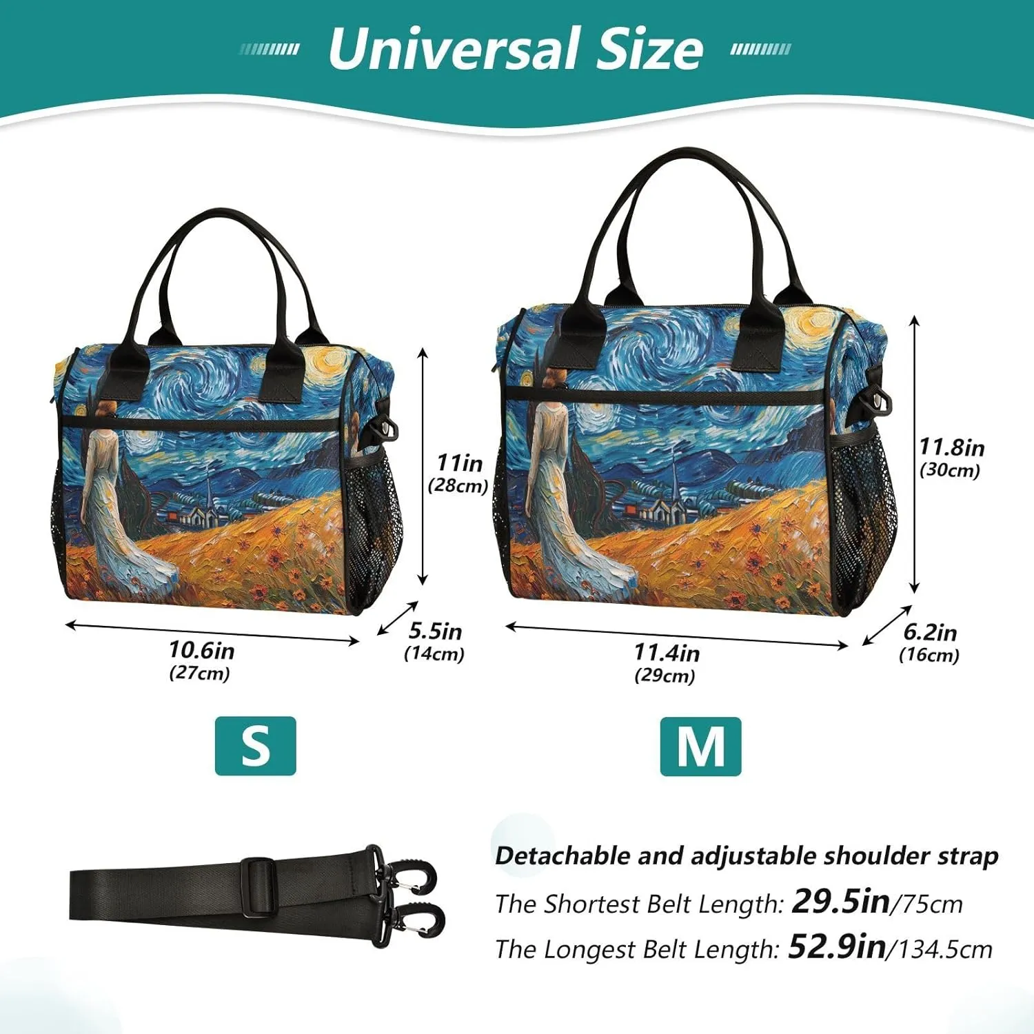 Nander Van Gogh Style Starry Sky Diagram Lunch Bag for Women,Insulated Lunch Box with Adjustable Shoulder Strap,Reusable Lunch Tote Bag for Work,Picnic,Camping-S