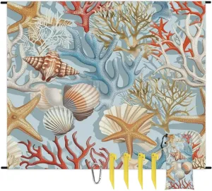 Nautical Coastal Beach Blanket, Sandproof Beach Mat, Adults Waterproof Quick Drying Sand Free Mat with 4 x Ground Spikes for Outdoor Travel Camping Hiking, Ocean Beach Seashell Starfish