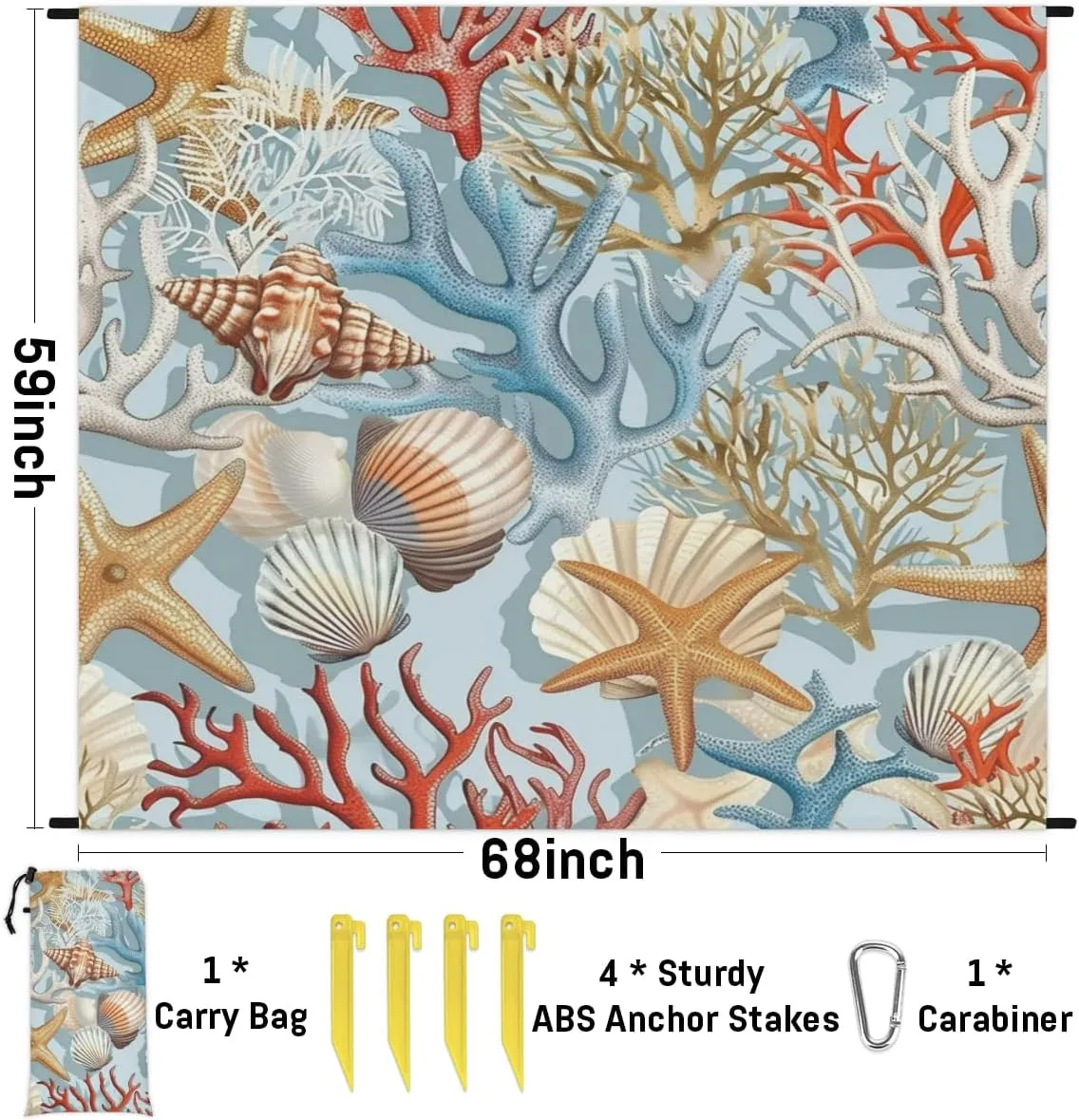 Nautical Coastal Beach Blanket, Sandproof Beach Mat, Adults Waterproof Quick Drying Sand Free Mat with 4 x Ground Spikes for Outdoor Travel Camping Hiking, Ocean Beach Seashell Starfish