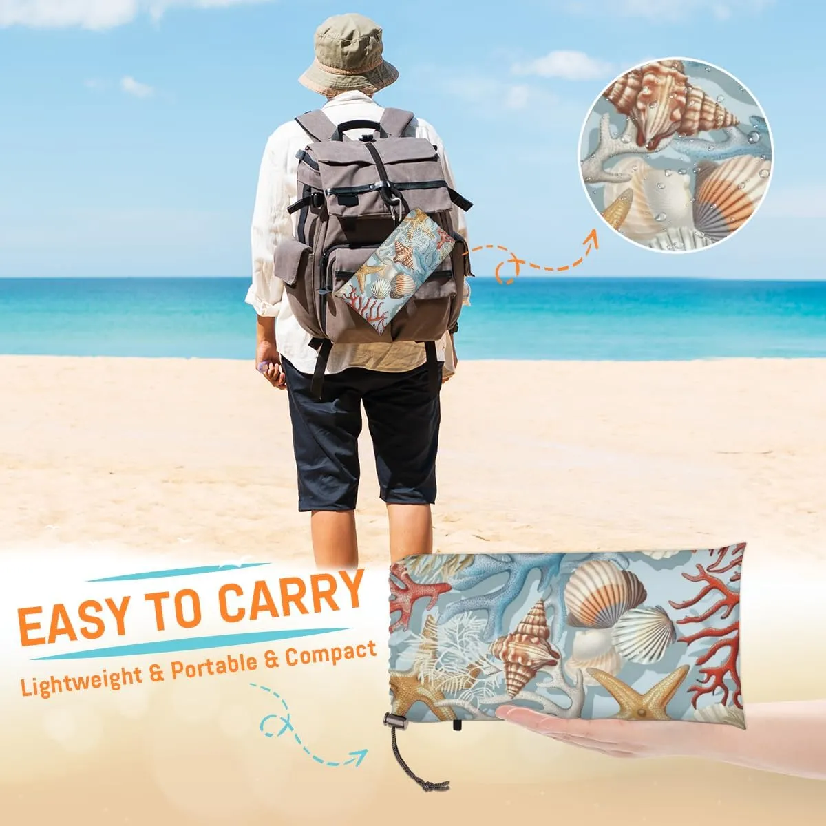 Nautical Coastal Beach Blanket, Sandproof Beach Mat, Adults Waterproof Quick Drying Sand Free Mat with 4 x Ground Spikes for Outdoor Travel Camping Hiking, Ocean Beach Seashell Starfish