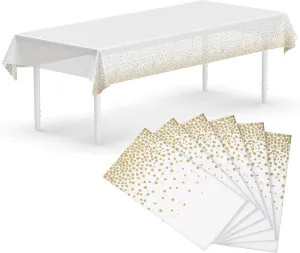 Neatiffy 54 x 108 Inch Rectangle Plastic Table Cloth Picnic/Camping/Birthday Party/Banquet Table Cover. Disposable/Reusable Tablecloths - White with Golden Dot