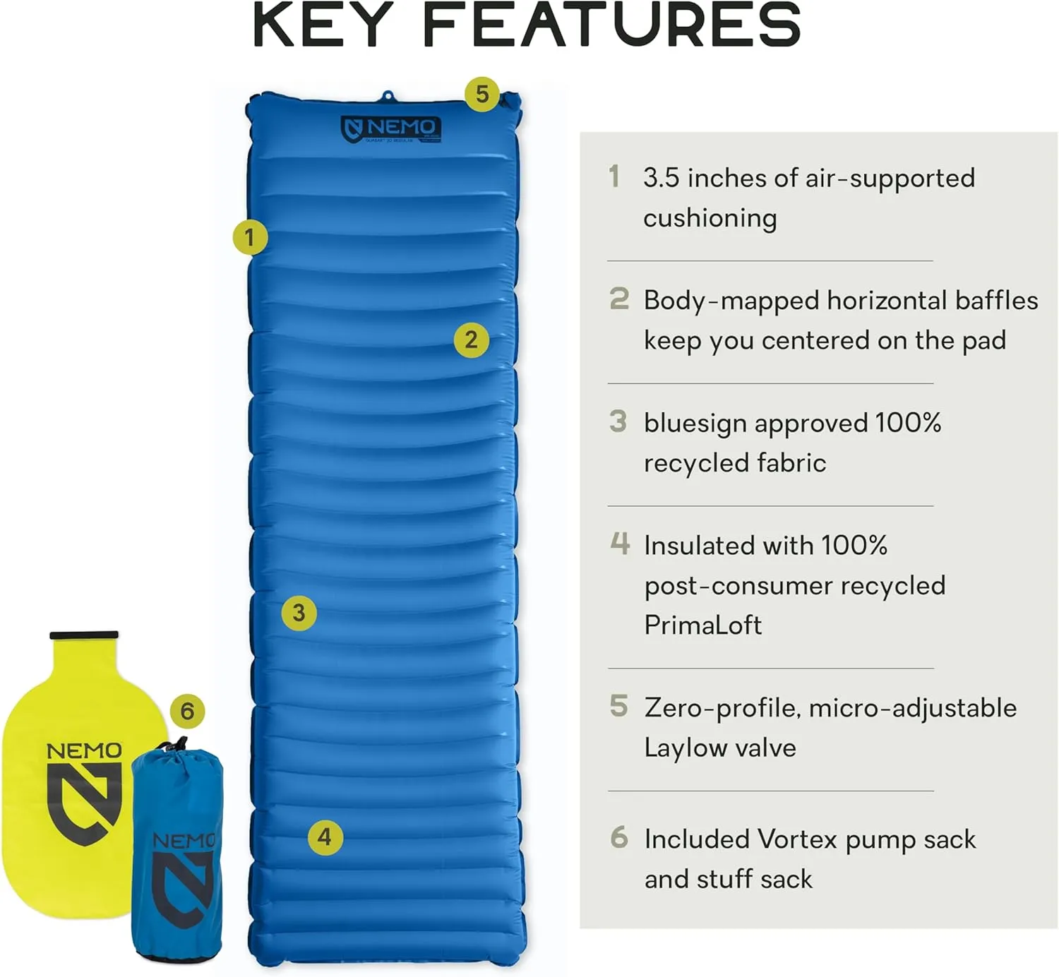 NEMO Equipment Quasar 3D Lightweight Sleeping Pad - Insulated Regular (72"x20") - Bluebird