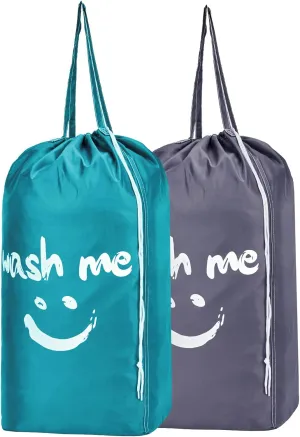 NICOGENA 2 Pack Laundry Bag with Handles, Rips & Tears Resistant Large Dirty Clothes Storage, Sturdy Drawstring Heavy Duty Washable Hamper Liner for Travel, Sky Blue&Grey