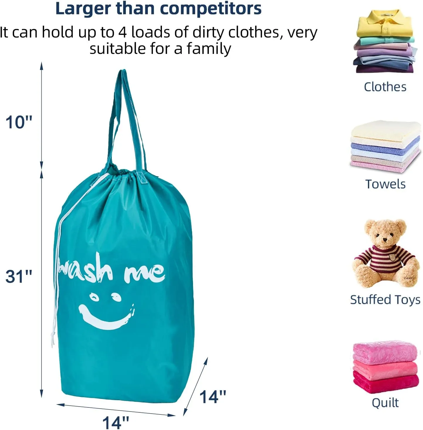 NICOGENA 2 Pack Laundry Bag with Handles, Rips & Tears Resistant Large Dirty Clothes Storage, Sturdy Drawstring Heavy Duty Washable Hamper Liner for Travel, Sky Blue&Grey