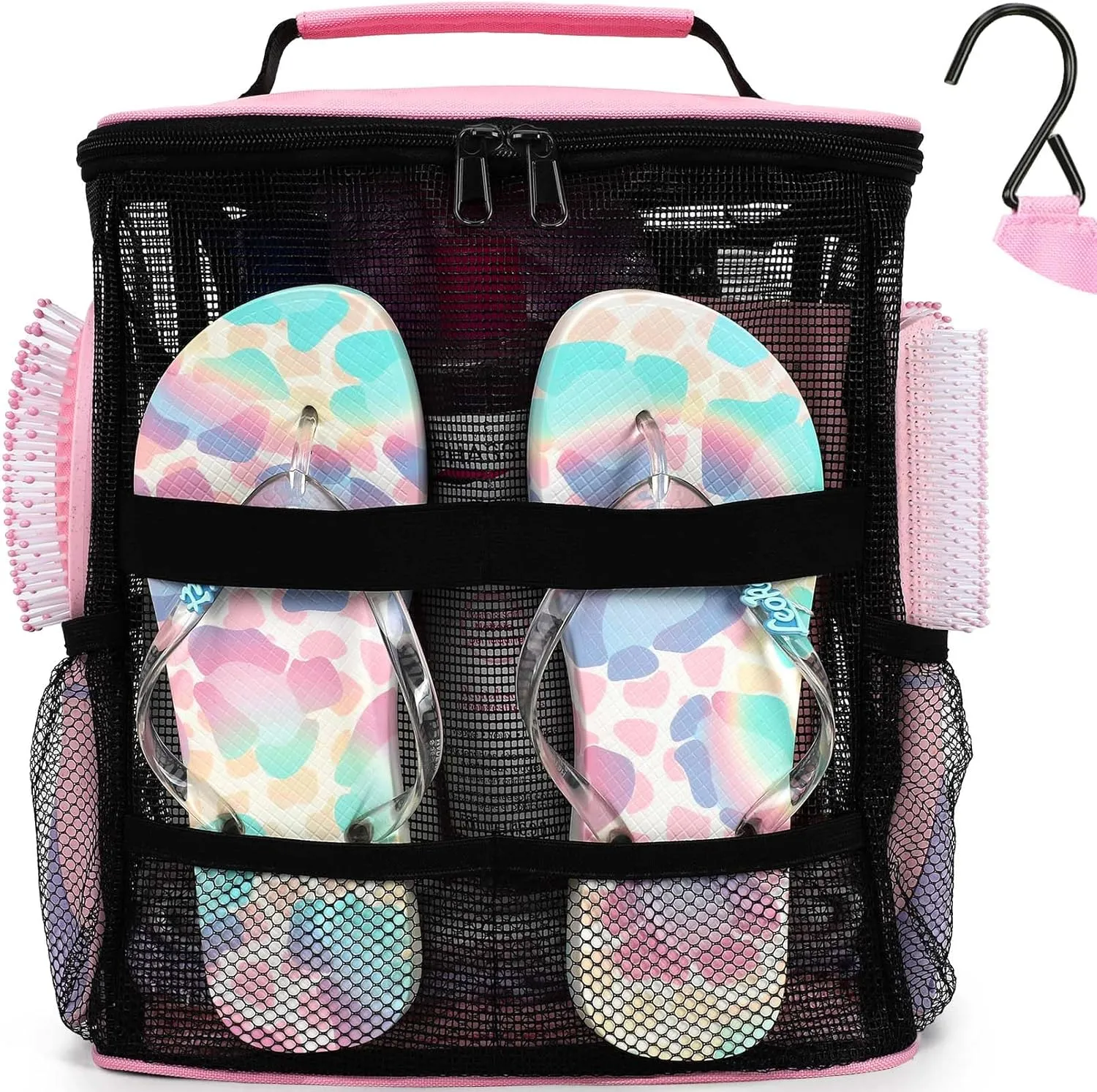 NOBLIGOAL Mesh Shower Caddy Portable,for College Dorm Room Toiletry Bathroom Essentials Gym Camp Quick Dry Handles with Hook, Pink