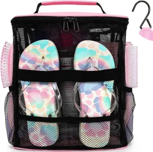 NOBLIGOAL Mesh Shower Caddy Portable,for College Dorm Room Toiletry Bathroom Essentials Gym Camp Quick Dry Handles with Hook, Pink