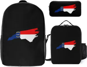 North Carolina State Flag Map 17 in Backpack Pencil Case and Lightweight Lunch Bag 3Pcs Set for Work Travel Leisure Day Trip