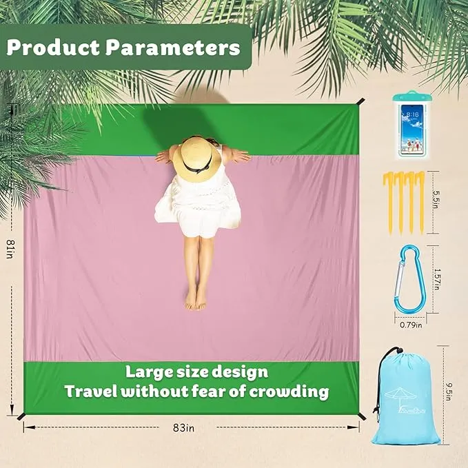 Nylon Beach Blanket Waterproof Sandproof Oversized,Extra Large 81" X 83" ' Beach Mat,Sand Free Beach Blanket 1-7 Adults Lightweight Durable for Travel Camping Hiking Picnic