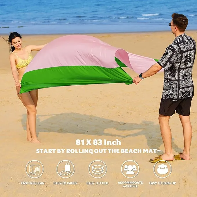 Nylon Beach Blanket Waterproof Sandproof Oversized,Extra Large 81" X 83" ' Beach Mat,Sand Free Beach Blanket 1-7 Adults Lightweight Durable for Travel Camping Hiking Picnic