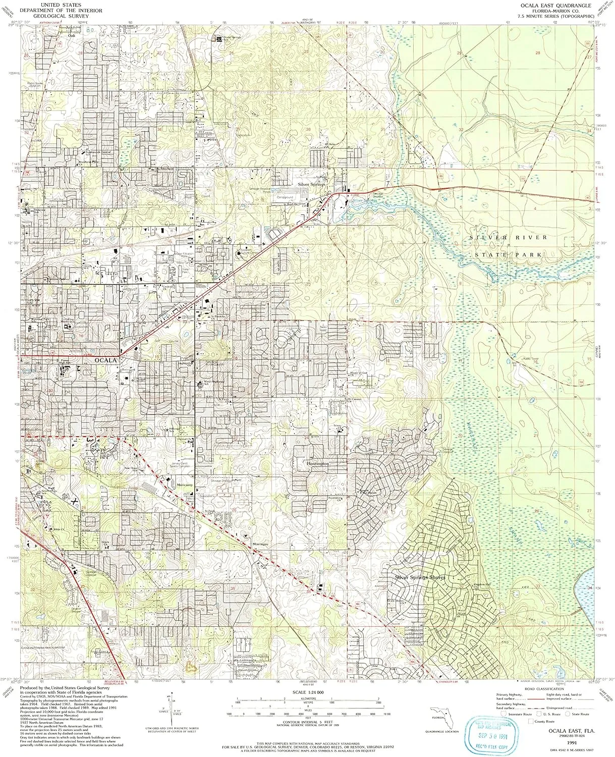 Ocala East FL topo map, 1:24000 Scale, 7.5 X 7.5 Minute, Historical, 1991, Updated 1991, 26.7 x 21.9 in