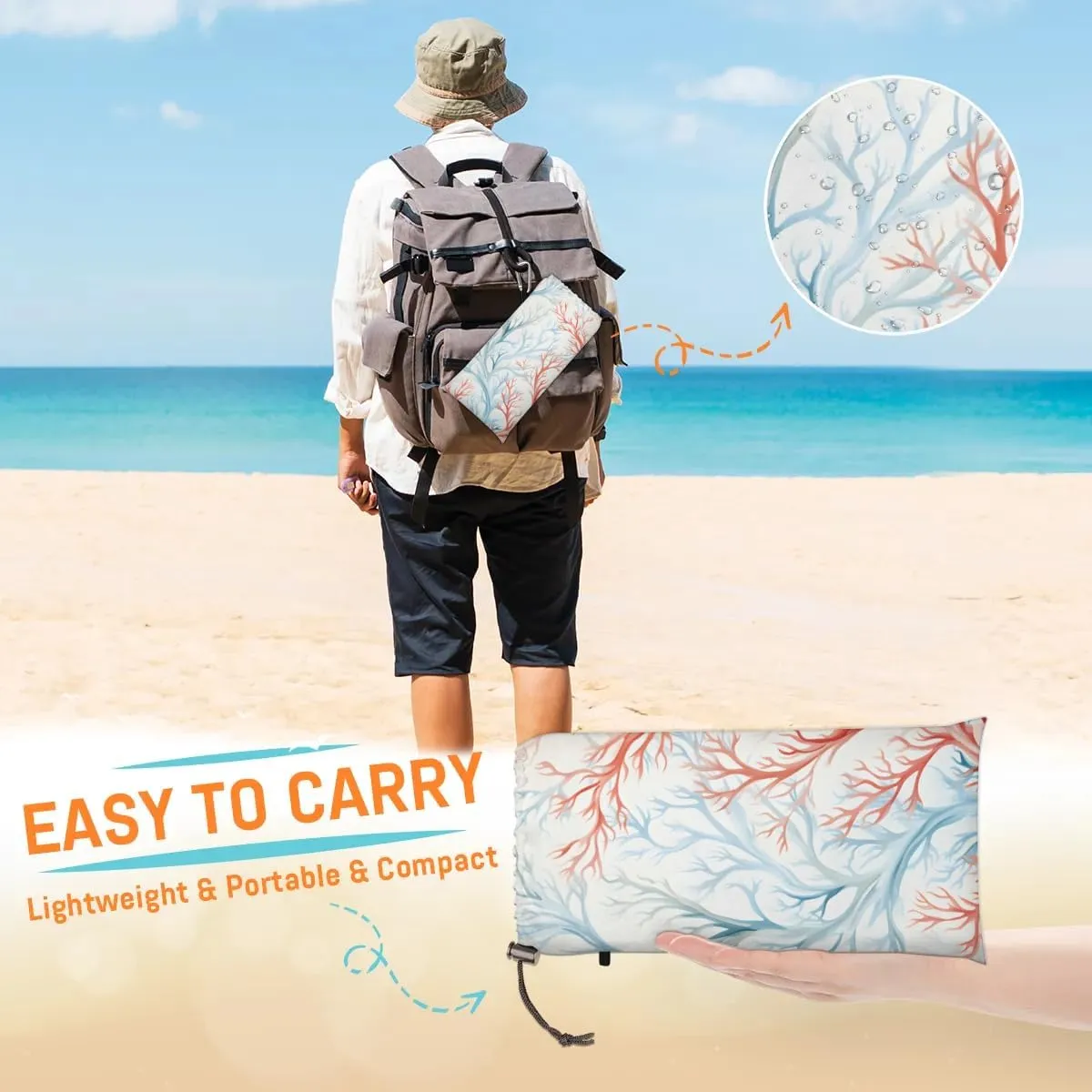 Oceanaire Coral Beach Blanket, Sandproof Beach Mat, 68 x 59 Waterproof Quick Drying Sand Free Mat with 4 x Ground Spikes for Outdoor Travel Camping Hiking, Ocean Theme