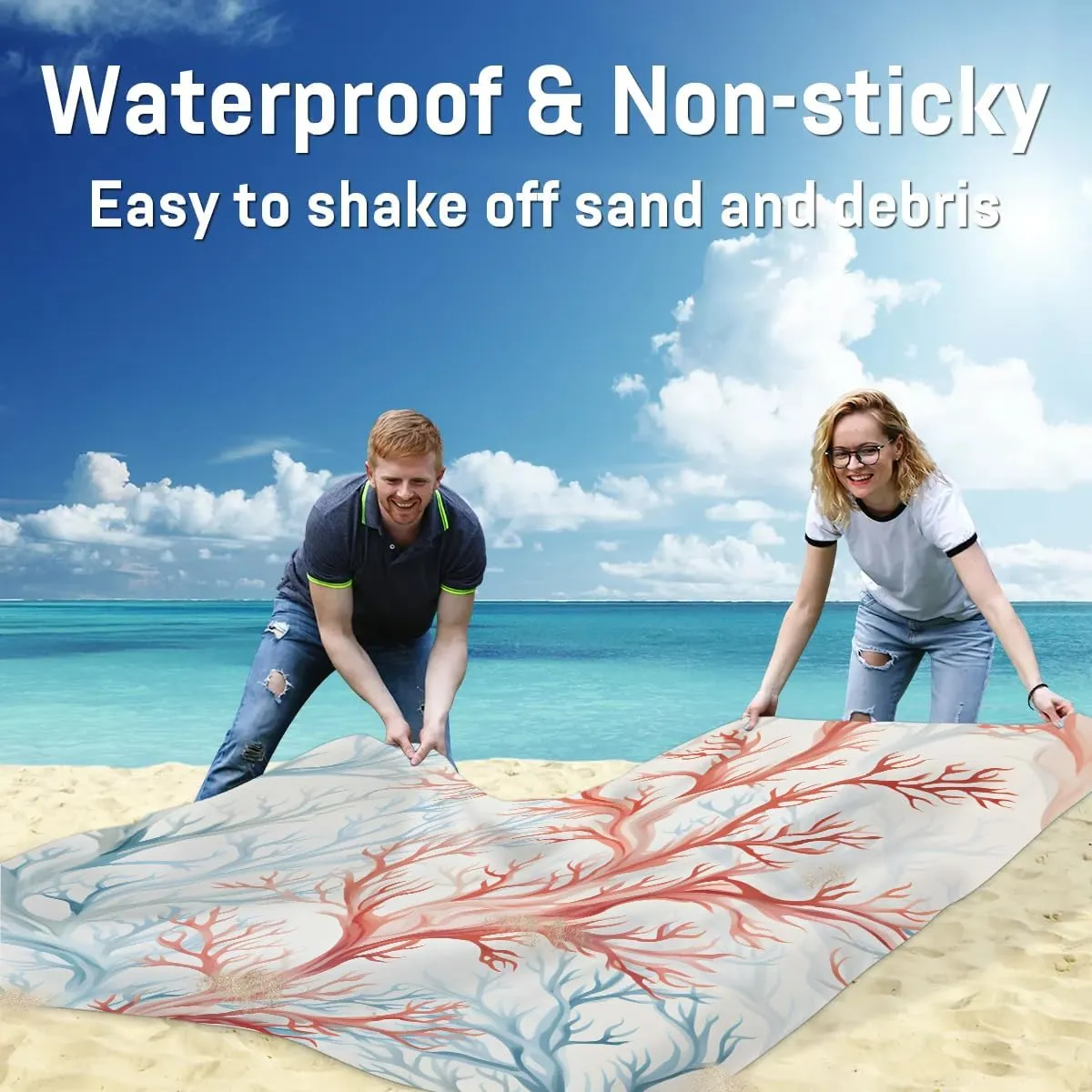 Oceanaire Coral Beach Blanket, Sandproof Beach Mat, 68 x 59 Waterproof Quick Drying Sand Free Mat with 4 x Ground Spikes for Outdoor Travel Camping Hiking, Ocean Theme
