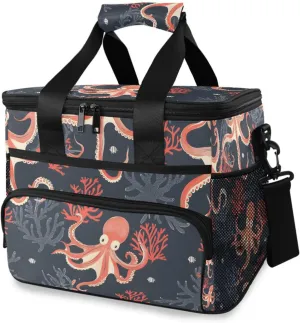 Octopus Coral Sea Pattern Cooler Bag Insulated Cooler Soft Sided Cooler 24 Can Portable Picnic Bag Large Leakproof Lunch Bag Box for Beach Grocery Camping Travel Car Men Women