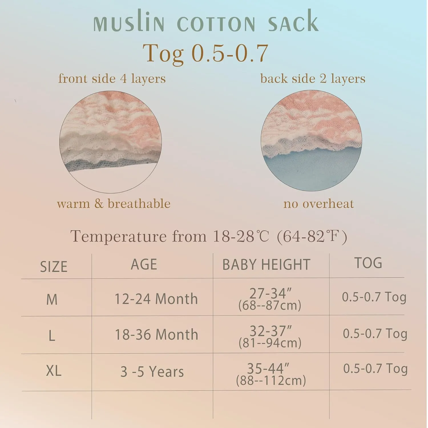 oddler Muslin Cotton Sleep Sack 0.5-0.7 TOG – Sleeveless Unisex Wearable Blanket for Baby & Toddler (2-3T), Breathable Lightweight with 4-Layer Front & 2-Layer Back, All-Season Sleeping Bag